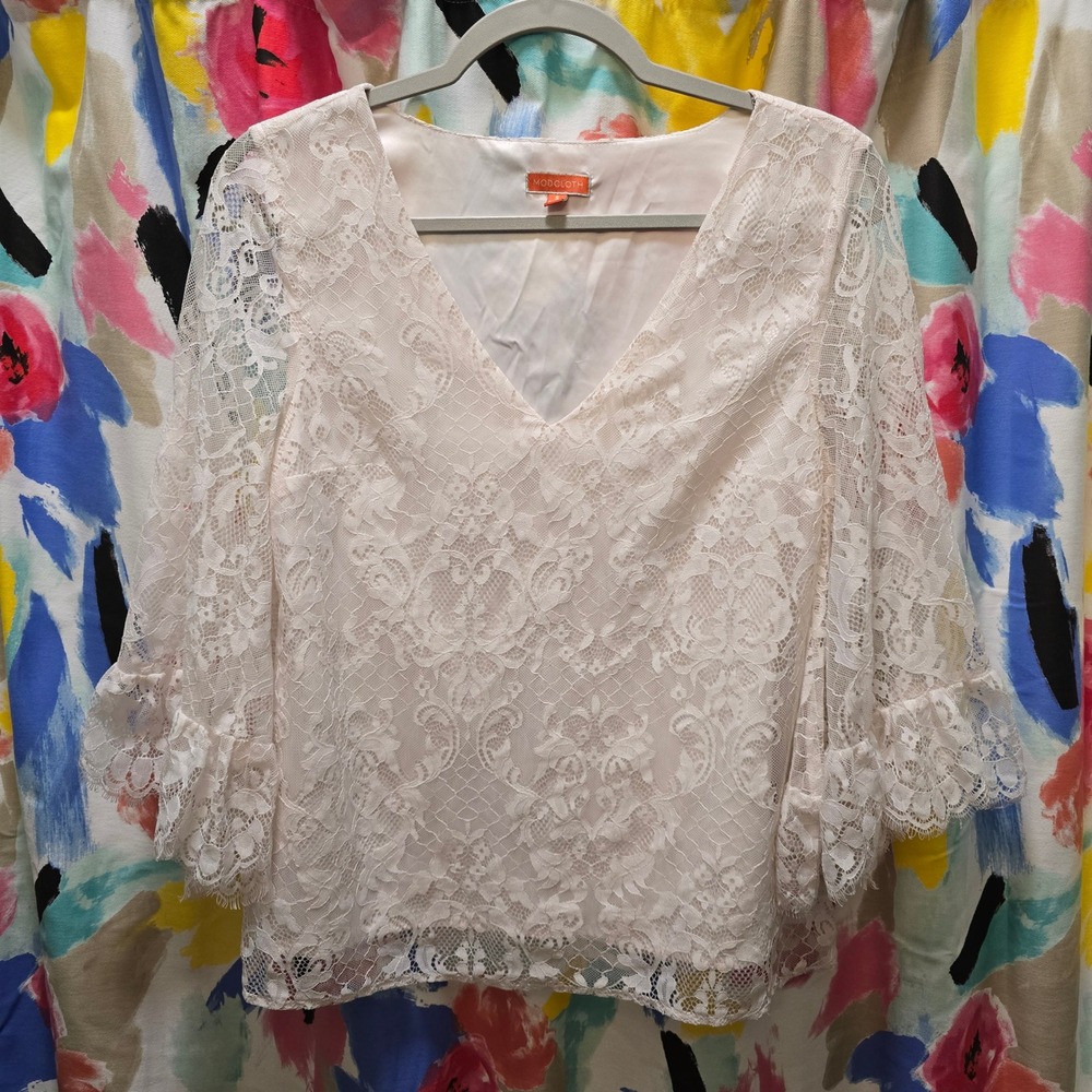 ModCloth White Lace Blouse Top Small Ivory V Neck 3/4 Ruffle Sleeve‎ Elegant
